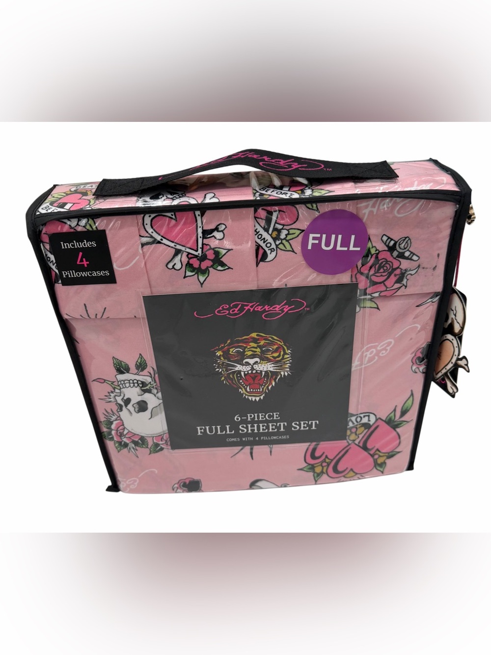 Ed Hardy 6-piece sheet set-Full Size-New-Tattoo Roses-Skulls-Pink-New